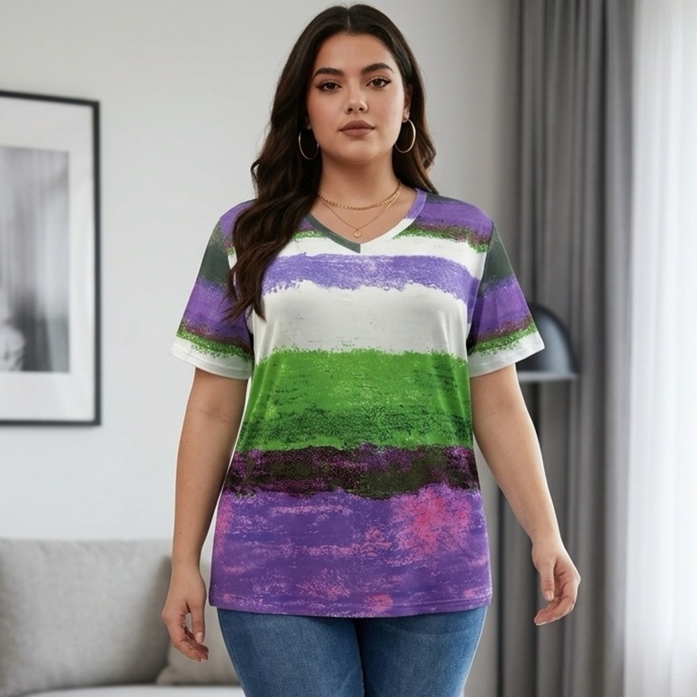 NWOT Plus Size Short Sleeve Purple/Green V Neck Top Shirt Blouse - Size 3XL